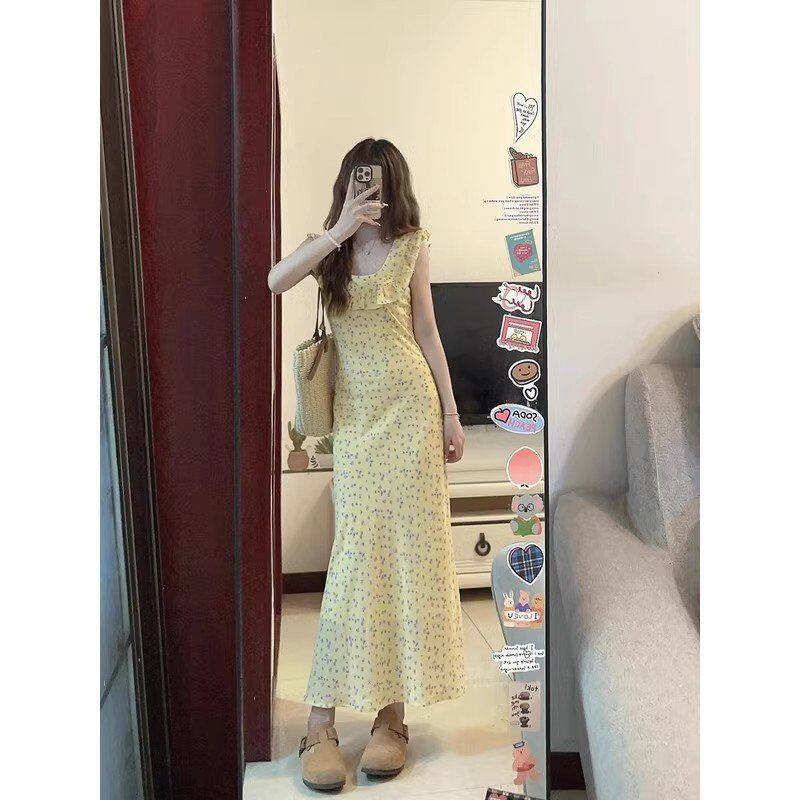 法式少女碎花中长款荷叶边裙女性感修身夏季度假花边吊带连衣裙子