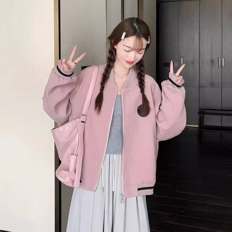 粉色复古学院风棒球服拉链外套女短外套