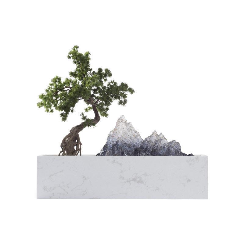 仿真迎客松盆景松树摆件客厅隔断玄关绿植假山枯山水茶室软装饰品