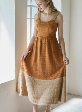 idem 提花针织拼接毛绒绒背心连衣裙