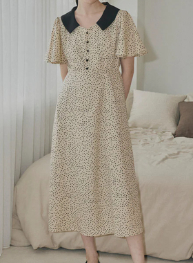 idem 翻领波点连衣裙法式chic仙女气质翻领裙子