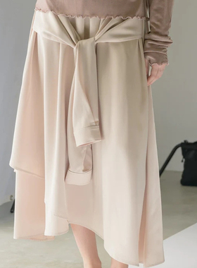 idem 春夏缎面袖子腰带气质大摆a字不规则下摆长款半身裙