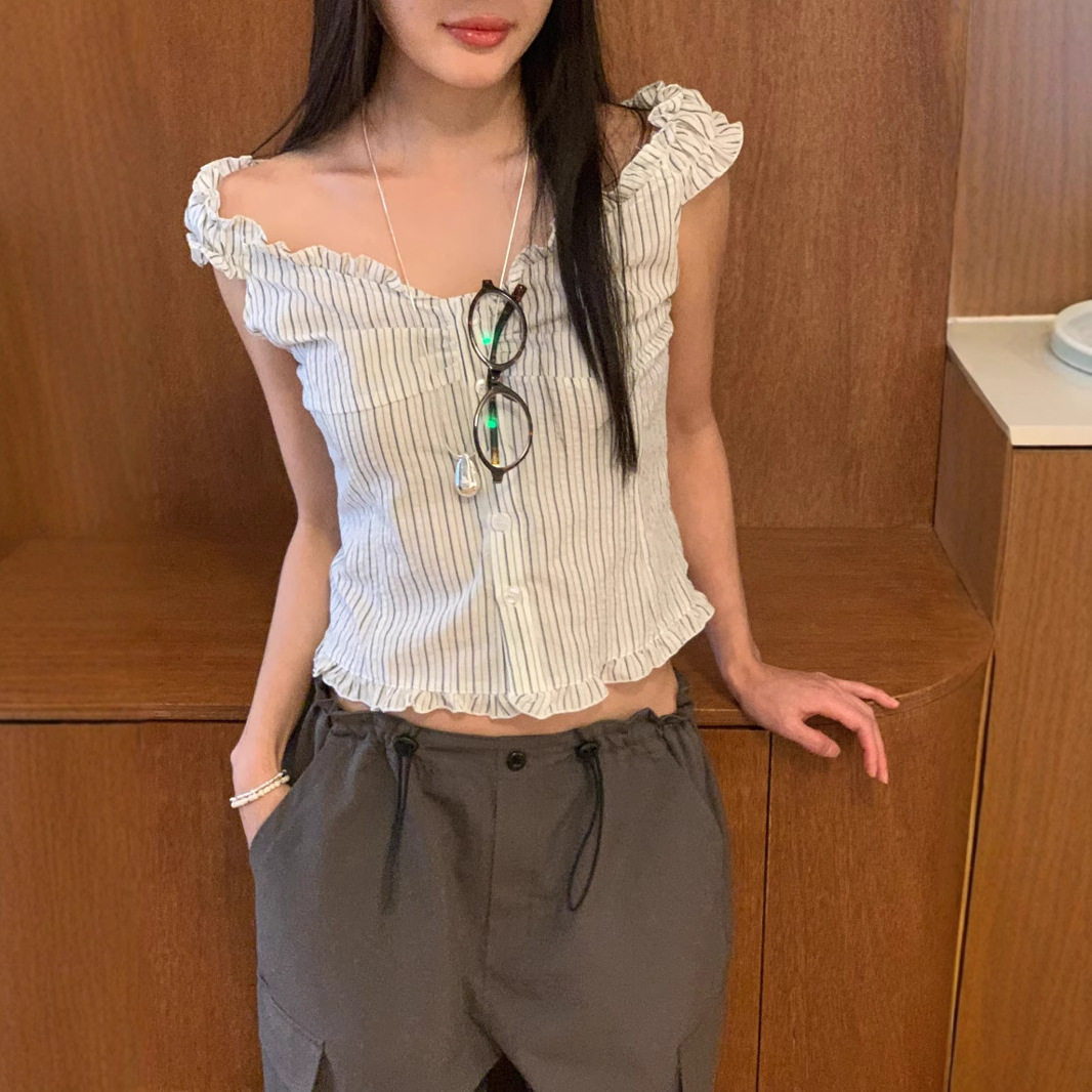 韩国chic 夏日新品韩版小清新条纹小个子荷叶边大V领无袖背心衬衫,女装/女士精品,抹胸,淘宝优惠券,粉丝福利购,淘宝优惠卷