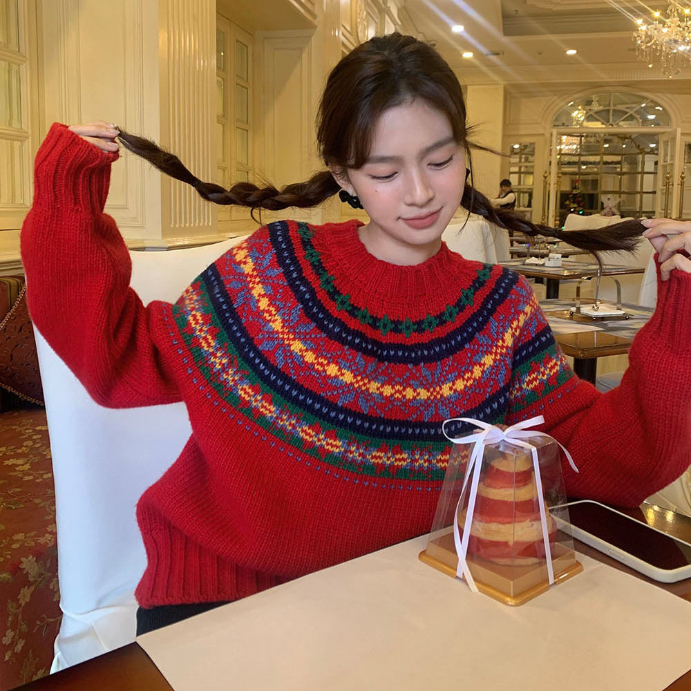 冬季慵懒风复古红费尔岛圆领彩色提花圣诞氛围感厚实针织上衣毛衣,女装/女士精品,毛衣,淘宝优惠券,粉丝福利购,淘宝优惠卷