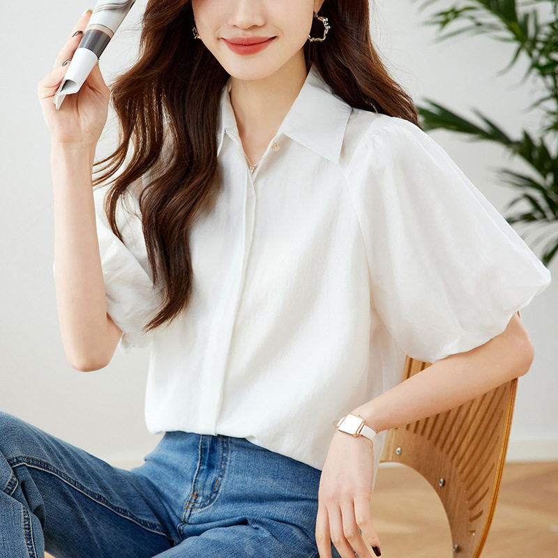 棉茧 白色泡泡袖短袖衬衫女夏季薄款通勤宽松显瘦轻熟风优雅上衣