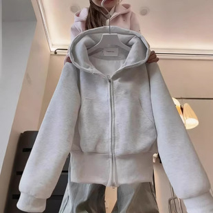 灰色宽松卫衣女初中生设计感小众2026新款韩版连帽双拉链正肩外套