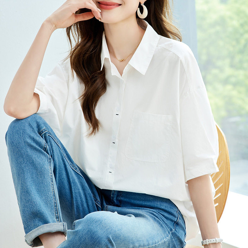 棉茧 纯棉白色衬衫短袖女2026新款薄款通勤韩版宽松大码别致上衣