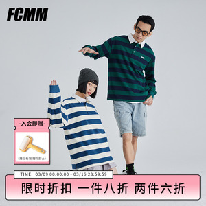FCMM春季潮牌条纹POLO长袖上衣情侣款宽松休闲复古气质T恤衫