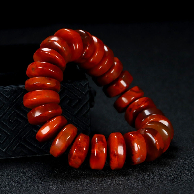 正品天然四川凉山南红玛瑙柿子红火焰纹原石南红手链手串男款D110