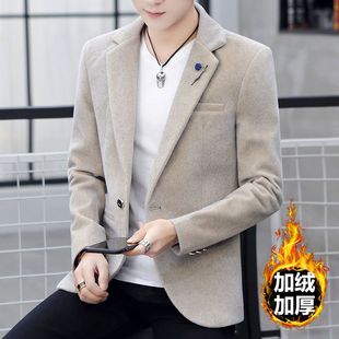 修身 外套韩版 水貂绒青年帅气百搭加绒加厚保暖呢子上衣 小西装 男士