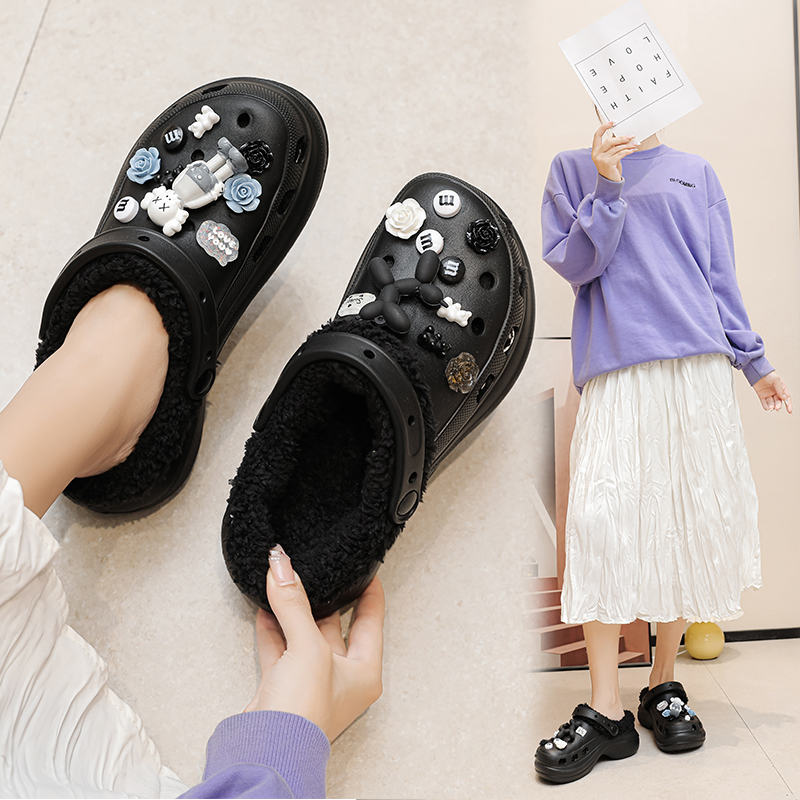 冬季加绒厚底洞洞鞋可拆卸新款