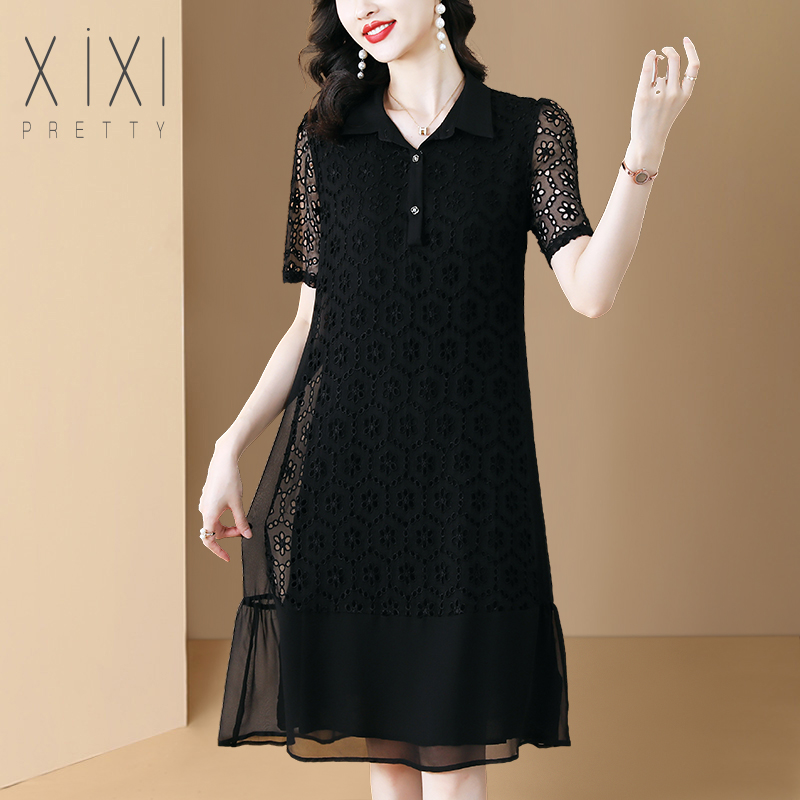 2025夏季新款妈妈黑色雪纺连衣裙