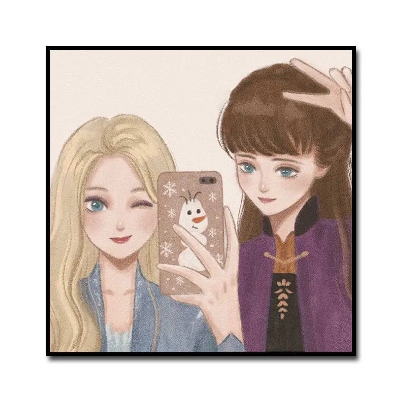 迪士尼公主对镜自拍插画diy数字油画手绘油彩画客厅背景墙装饰画