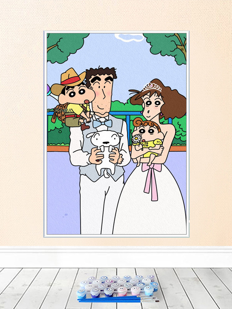 卡通动画diy数字油画蜡笔小新和小伙伴们玩耍日常手绘填充装饰画