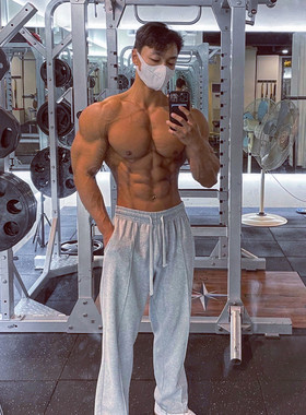 运动裤男长裤健身宽松直筒美式篮球高街休闲拼接灰色跑步训练卫裤