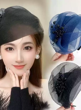 超宽边半帽发箍法式遮白发晚宴头箍气质欧根纱显脸小发卡压发头饰