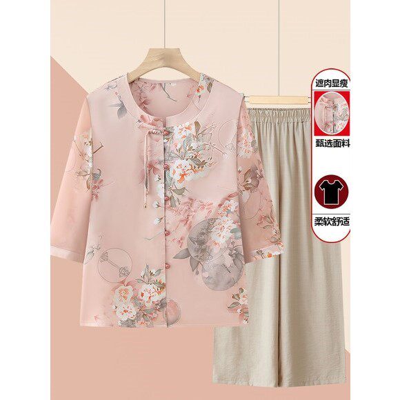 妈妈装衬衫夏季薄款中老年人女时尚国风小衫套装春装衣服奶奶上衣