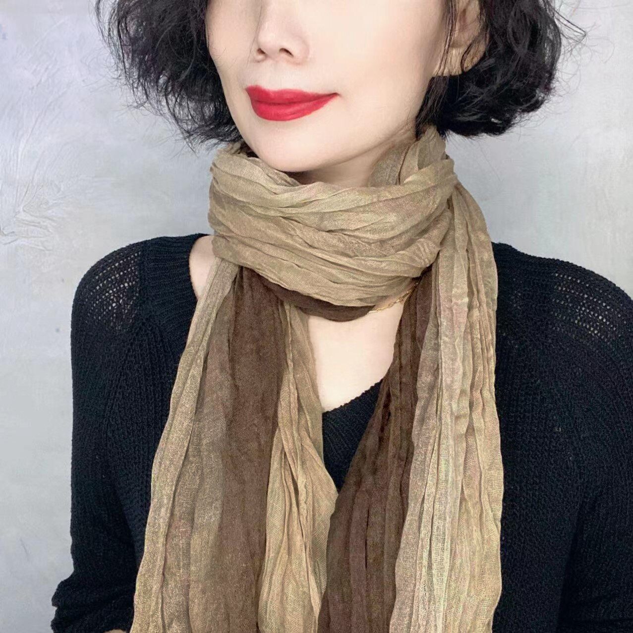 韩系搭圆领针织衫棉女纱巾百搭慵懒松弛感配上衣丝巾渐变棉麻围巾