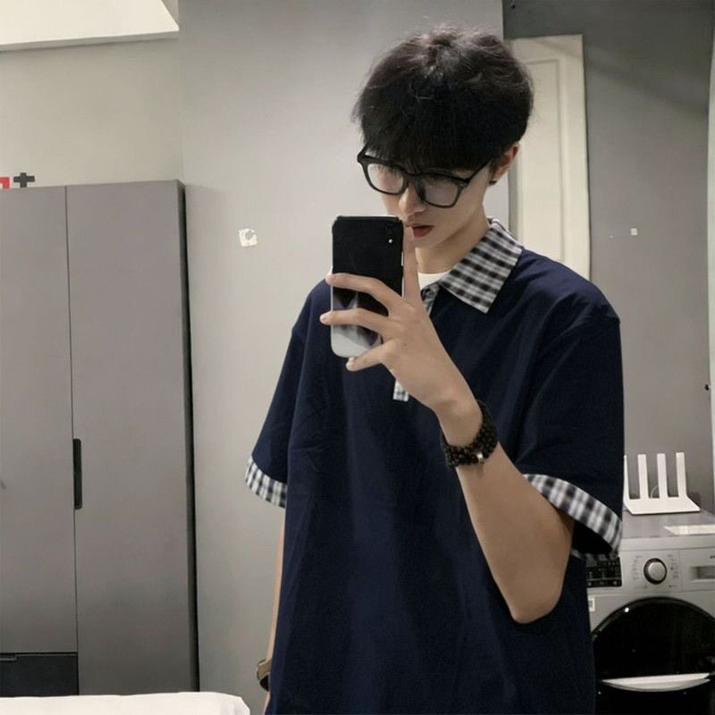 美式复古格子拼接假两件poloPolo衫
