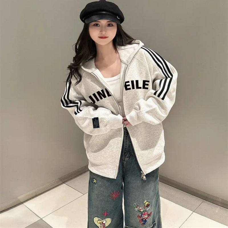 PPHOME美式复古字母印花连帽卫衣女秋季新款宽松显瘦百搭上衣外套