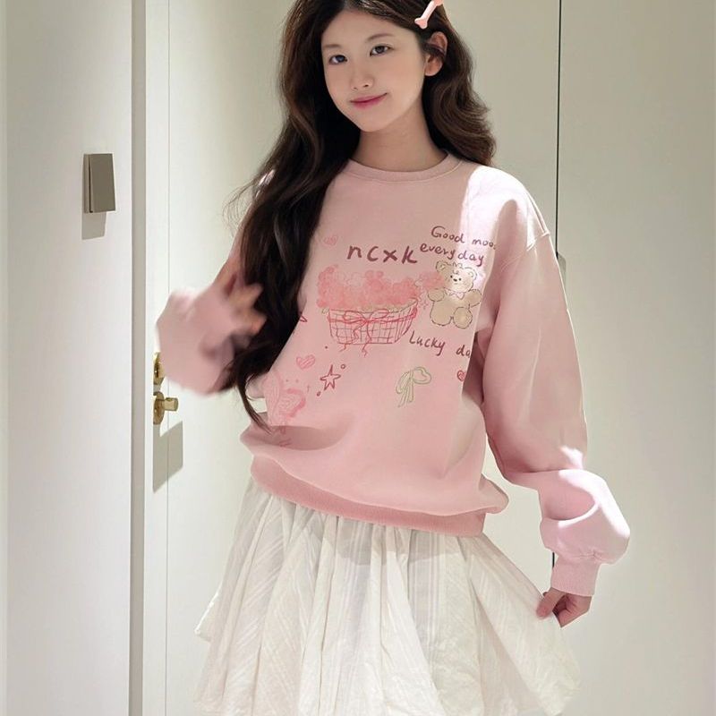 PPHOME美式复古字母印花圆领卫衣女秋季新款宽松显瘦百搭上衣外套