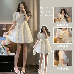 PPHOME法式 茶歇甜美珍珠边蝴蝶结短裙 温柔风泡泡袖 连衣裙女夏季