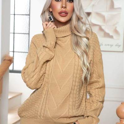 Twist turtleneck sweater womens cable loose long sleeve