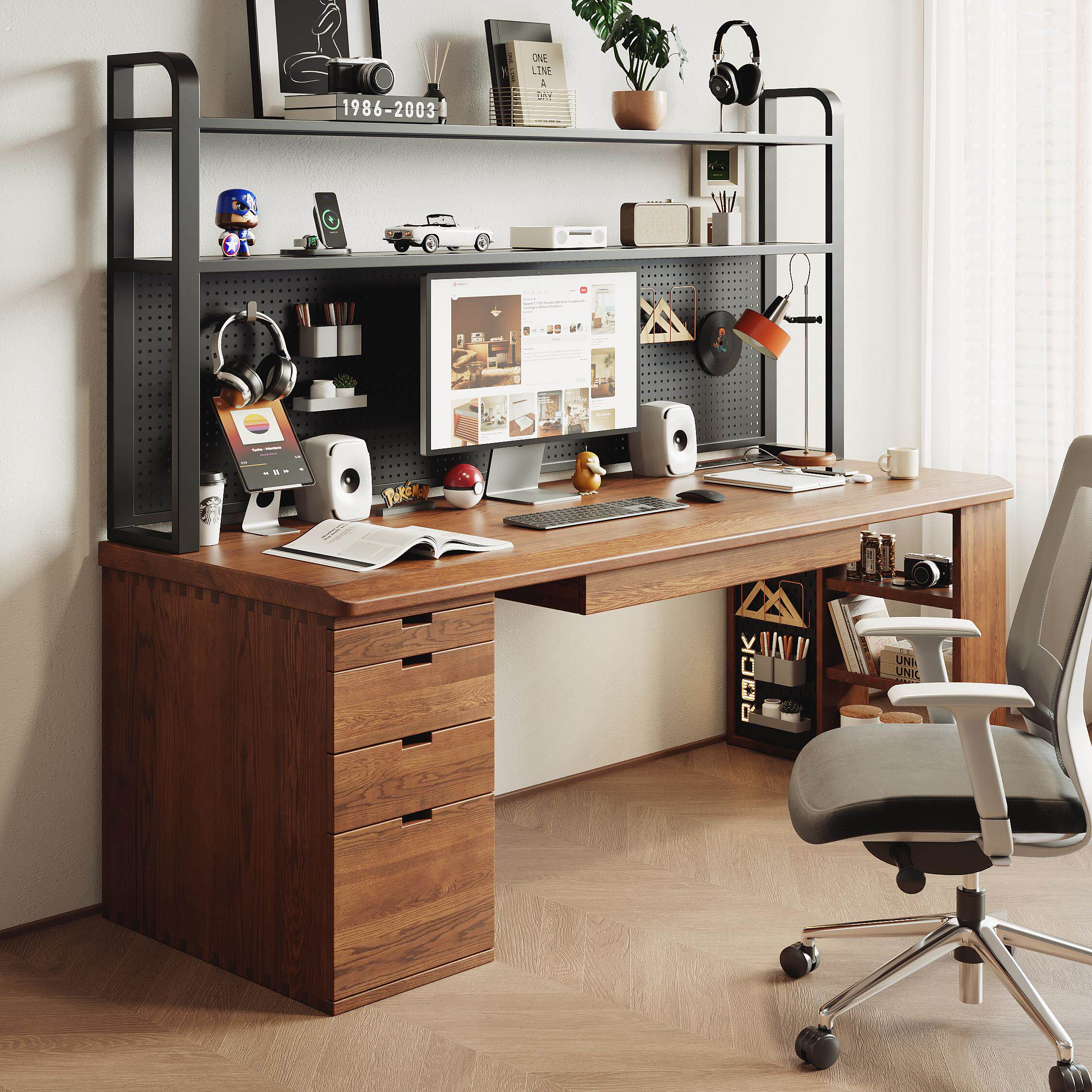 木木玛特实木书桌家用书房办公桌储物工作台多功能原木电脑桌柜子