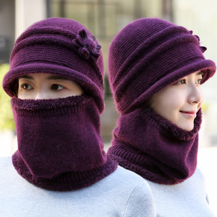 中老年人帽子女冬天毛线连体老人帽围脖冬季保暖奶奶帽兔毛妈妈帽