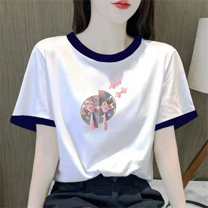 清仓捡漏外贸妈妈短袖t恤女夏季新款修身显瘦国风短款上衣体恤衫