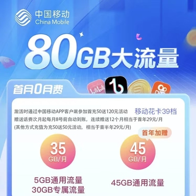 中国移动大流量卡电话卡手机号卡低月租全国套餐上网学生卡AA