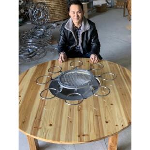 打边炉实木圆桌面折叠组合原木烤火餐桌广西油茶杉木旋转火锅桌子