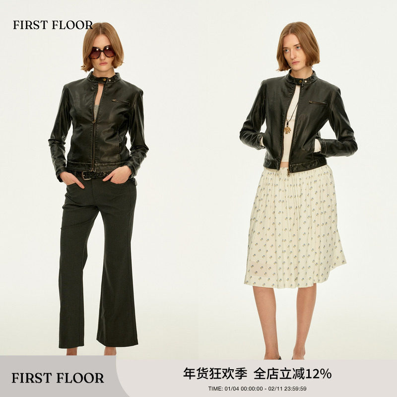 FIRSTFLOOR 摩登率性气质复古修身短款洗水皮机车夹克短外套