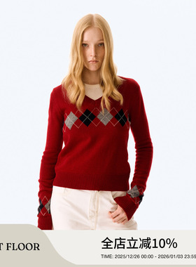 FIRSTFLOOR 秋冬复古撞色菱形格纹拼色V领短款套头休闲毛衣女