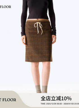 FIRSTFLOOR 冬复古格纹撞色线条双腰头毛呢休闲中长款半身裙