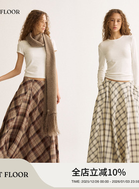 FIRSTFLOOR 棉感新款复古不规则格纹老钱长款休闲大摆围半身裙