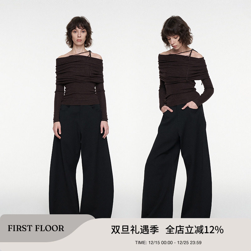 【赵露思同款】FIRSTFLOOR 黑色垂感低腰西装裤女直筒阔腿弯刀裤