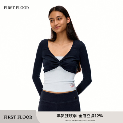 FIRSTFLOOR 云感软糯假两件撞色拼接纽结设计感收腰吸睛长袖T恤女