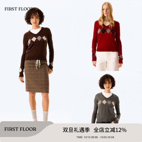 FIRSTFLOOR 秋冬复古撞色菱形格纹拼色V领短款套头休闲毛衣女