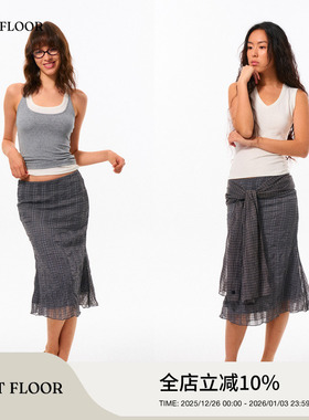 FIRSTFLOOR 复古拼接设计网纱轻透格纹显瘦夏荷叶边包臀鱼尾裙子