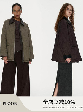 FIRSTFLOOR 中长撞色拼接翻领外套宽松复古皮领绗缝工艺菱格棉服