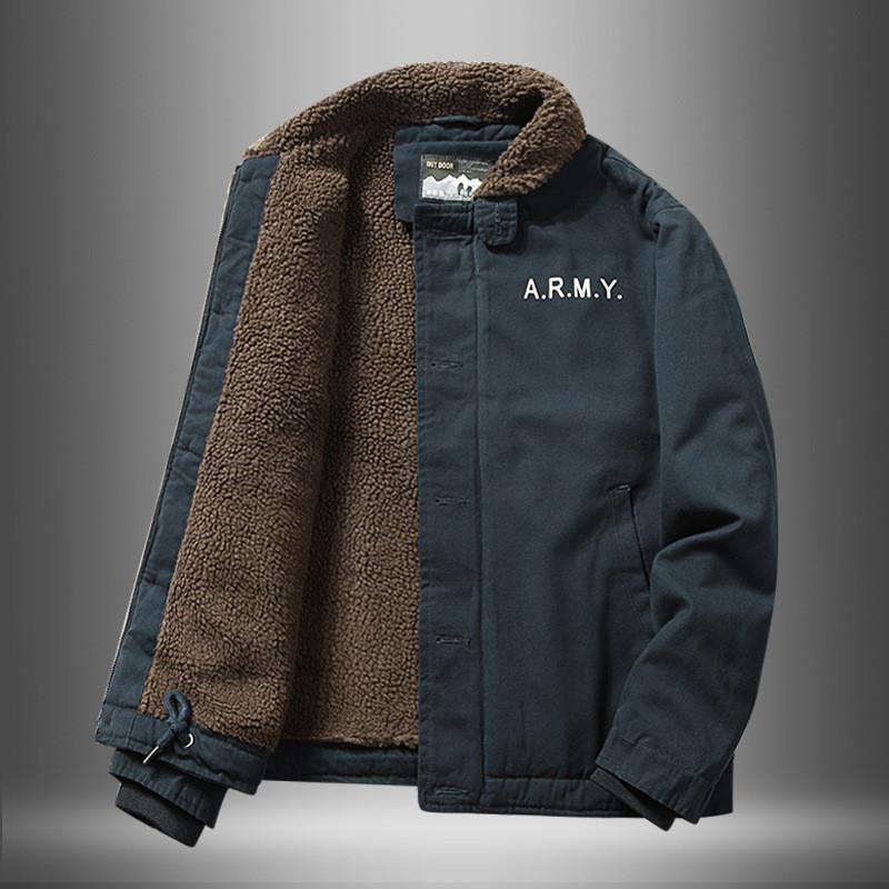 棉衣男冬季加绒加厚纯棉工装棉服仿羊羔绒翻领外套冬装男上衣潮