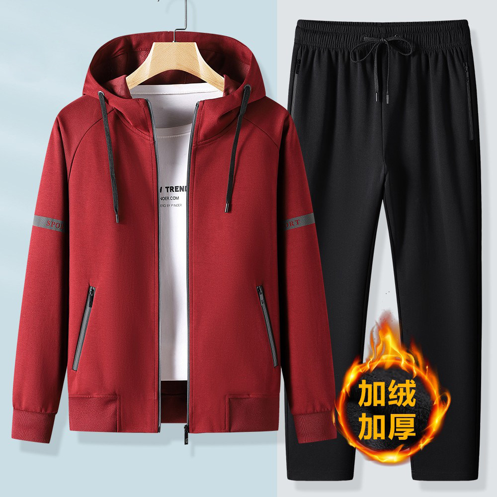 中青年休闲套装男休闲外套春秋冬季跑步服连帽加绒保暖卫衣两件套