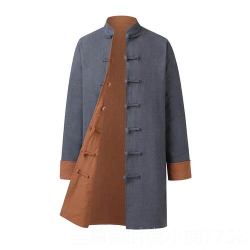 正品中老年男士唐装秋中风长款亚麻国外套春季中居士服中式双面穿