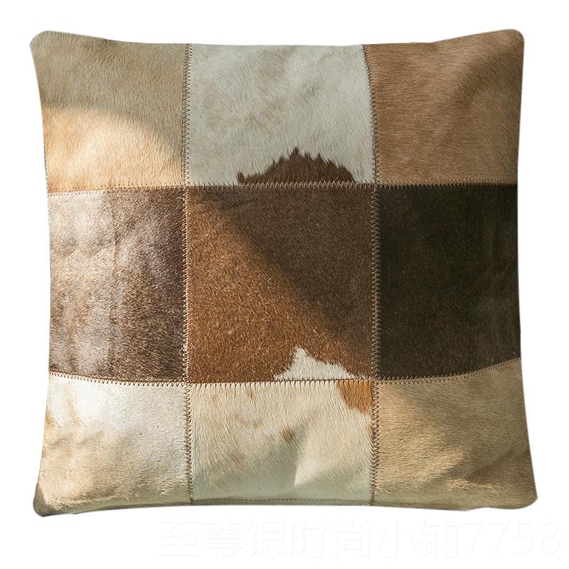 正品口工拼接牛皮抱枕客厅沙发几车载何办公进室手靠枕靠垫真奶牛