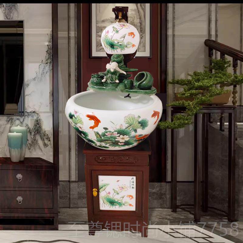正品陶瓷鱼柜式金鱼缸落地鱼缸家用玄关客厅缸景摆德鱼镇养盆办公