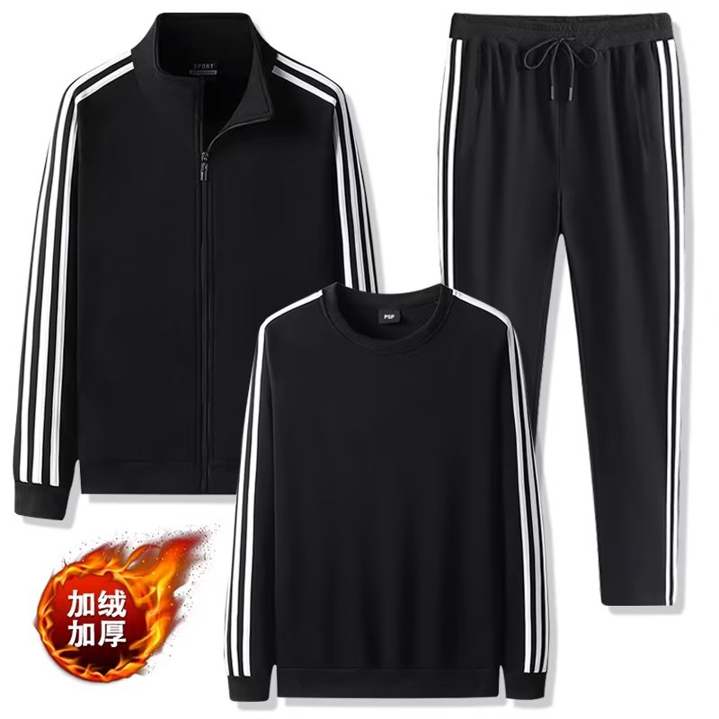加绒加厚运动服中青年男装三道杠健身跑步休闲运动服男大码秋冬装