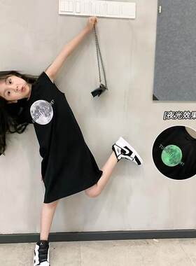 女童无袖T恤中长款儿童2023夏装新款连衣裙夜光T裙女宝背心裙显瘦