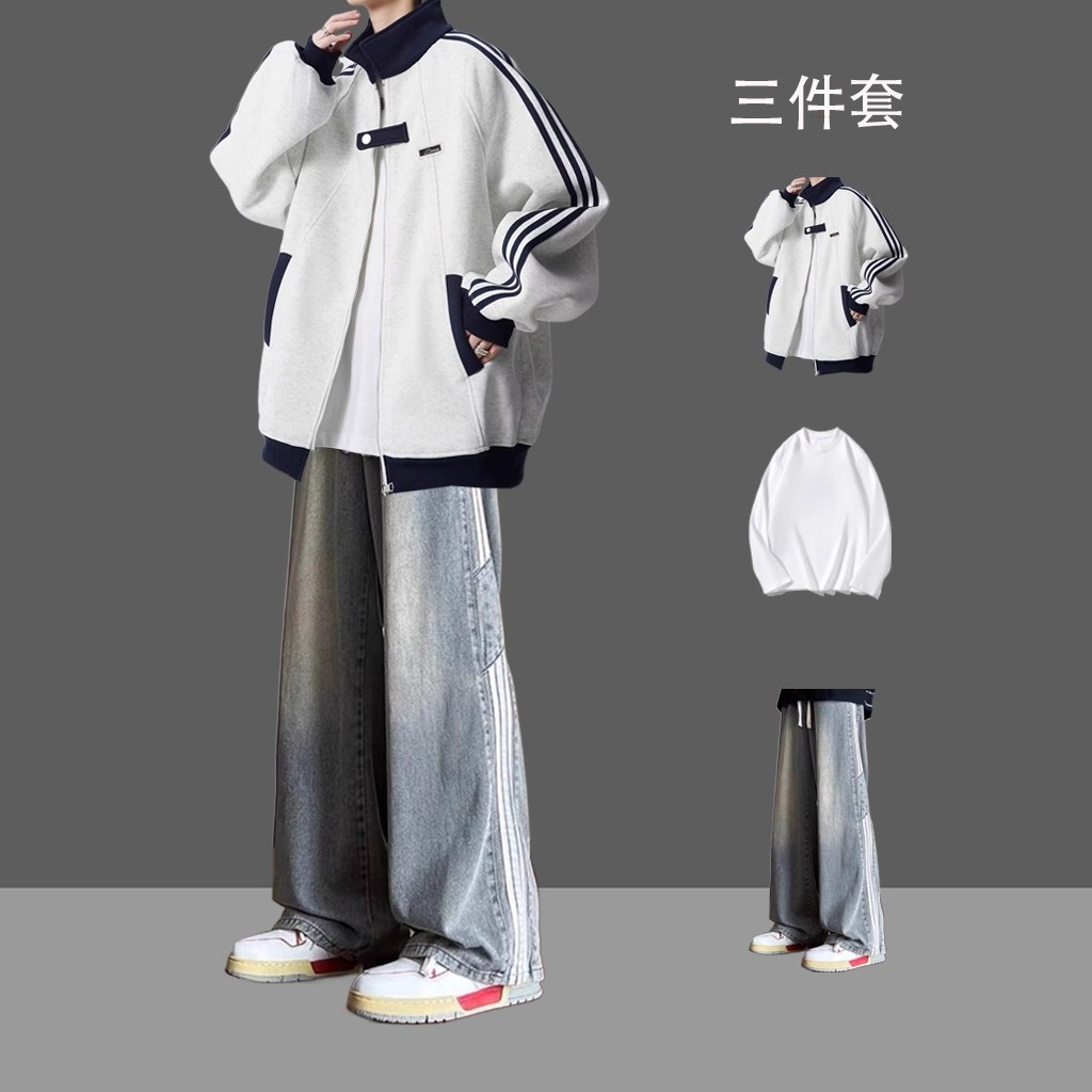 美式拼接运动夹克外套男套装春秋2025新款潮牌宽松立领棒球服学生