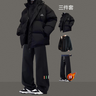 棉服男冬季加厚棉袄外套韩版男士三件套装潮流学生宽松面包服棉衣